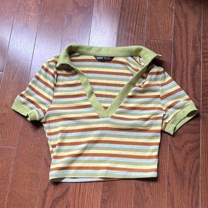 SHEIN Striped Green Y2K Polo Collar Crop Top